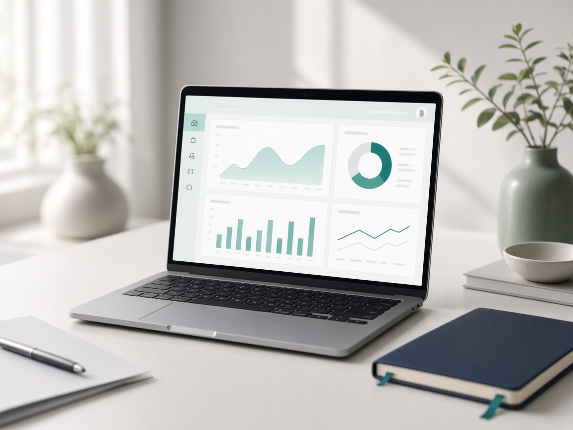 Calm studio workspace with a light teal product dashboard on a laptop